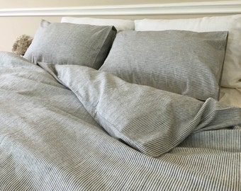 Subtle black white striped duvet cover in natural linen, ticking stripe duvet cover, pinstriped bedding