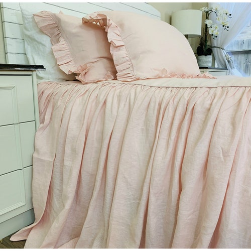 Dogwood Pink Linen Bedspread Ruffled Bed Cover Handmade in Etsy