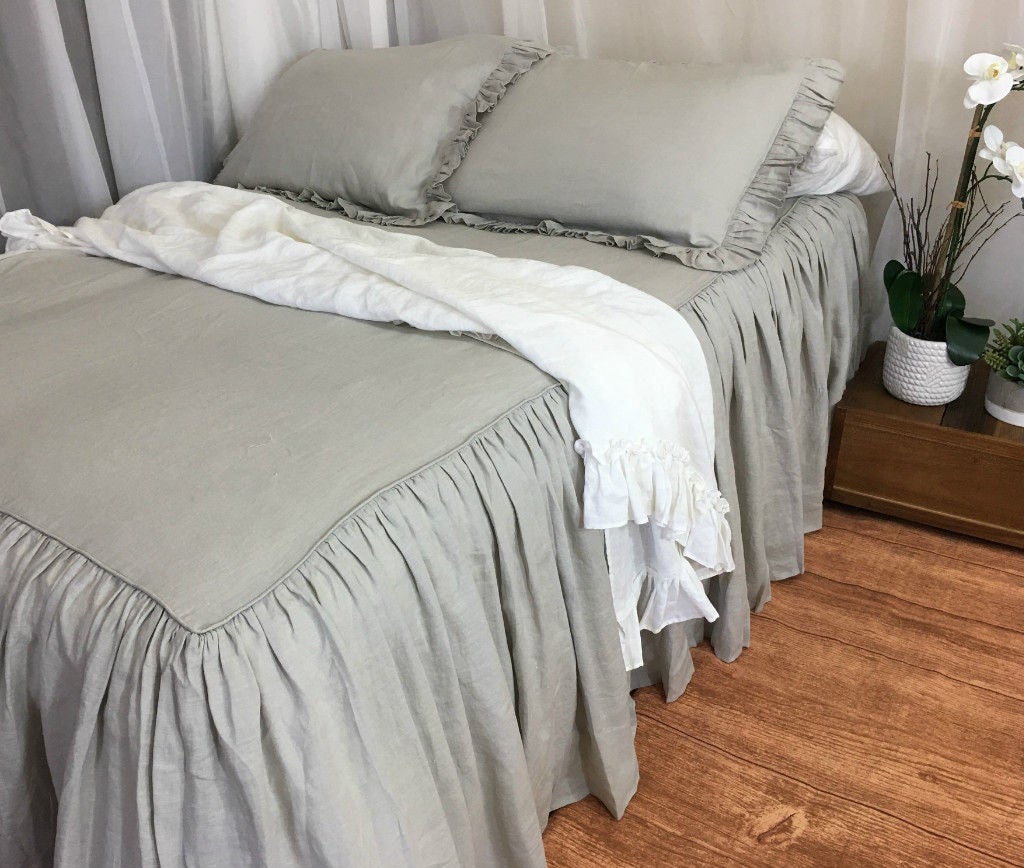 Stone Grey Bedspread with Gathered Ruffle Ruffled Bed Cover | Etsy