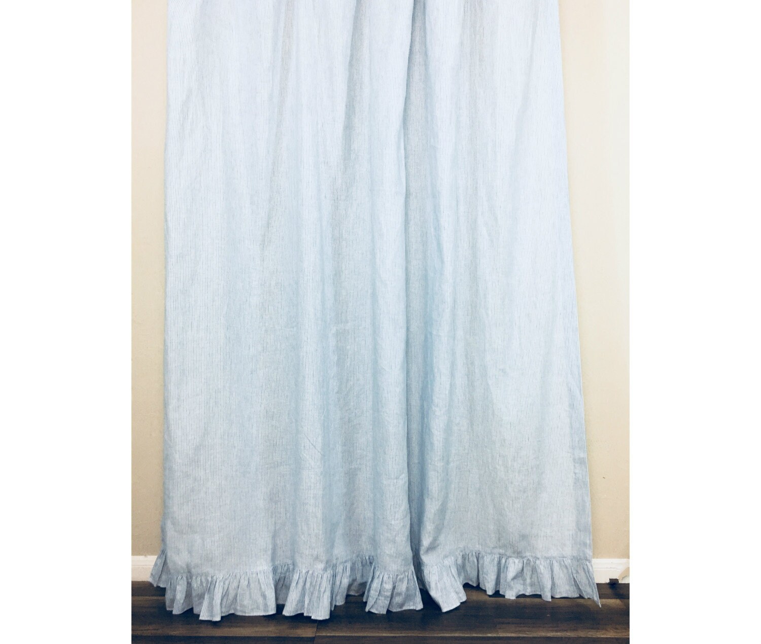 Blue White Ticking Striped Linen Shower Curtain With Ruffle Etsy
