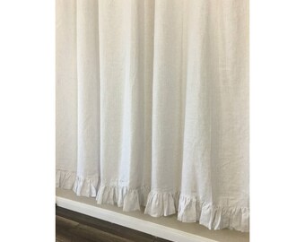 Stone Grey and White Ticking Striped Linen Shower Curtain with Self Ruffles, 72x72, 72x85, 72x94 or custom size
