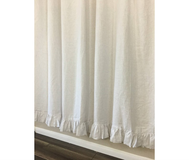 Stone Grey And White Ticking Striped Linen Shower Curtain With Self Ruffles 72x72 72x85 72x94 Or Custom Size