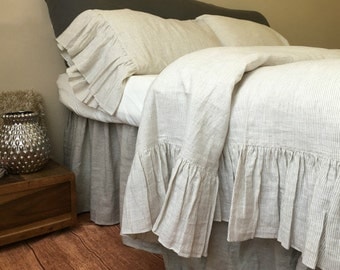 Shabby Chic linen ruffled duvet cover with mermaid long ruffle style, linen bedding, shabby chic bedding