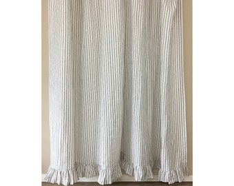 Iron White Ticking Striped Linen Shower Curtain with Ruffle Hem, All Sizes, Custom Size, Extra Long, Extra Wide shower curtain