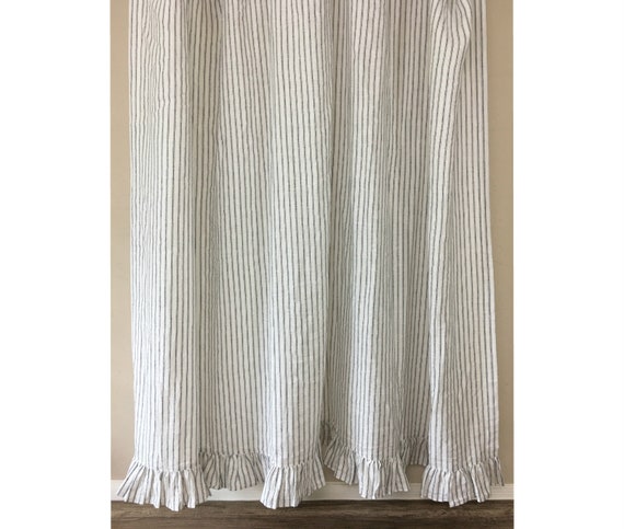 Iron White Ticking Striped Linen Shower Curtain With Ruffle Etsy