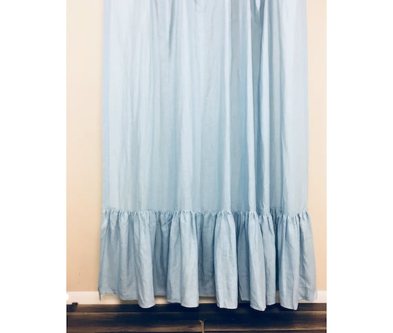 Blue Linen Shower Curtain With Mermaid Long Ruffles Extra Blue Linen Shower Curtain With Mermaid, Dark Blue Ruffle Shower Curtain
