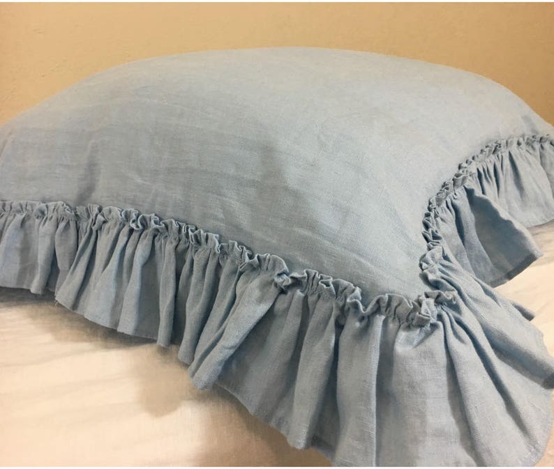 Natural Linen Blue Euro Sham Cover With Country Ruffle Etsy Ireland