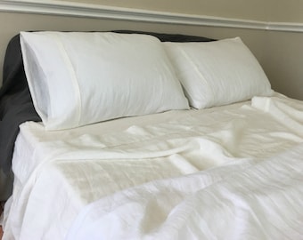 Linen Bed Sheets in SOFT WHITE - medium weight linen, Linen top sheet, fitted sheet, 2 pillow case, linen sheets queen, king, full, twin