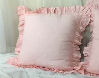 Pink Ruffle Euro Sham Cover, linen ruffle pillow covers, accented euro shams, sham covers, pillow protector