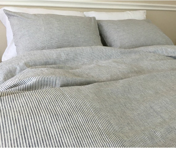 Subtle Black White Striped Duvet Cover In Natural Linen Etsy