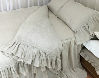 Chevron Duvet Cover with Mermaid Long Ruffles, Woven from Natural Linen, shabby chic bedding