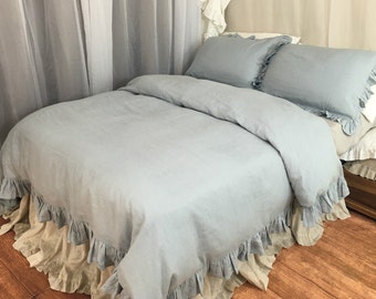 Duck Egg Blue Ruffle linen duvet cover features easy flow ruffles, shabby chic bedding, linen bedding, custom bedding