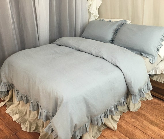 Duck Egg Blue Ruffle Linen Duvet Cover Features Easy Flow Etsy