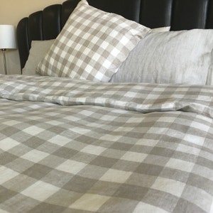 Buffalo Check Duvet Cover Set in natural linen, Plaid duvet cover in Twin, Queen, King size, linen bedding