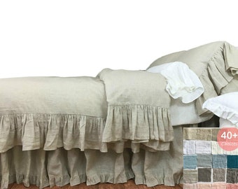 Shabby Chic linen ruffle duvet cover with mermaid long ruffle style, linen bedding, shabby chic, over 41 colors and patterns to choose
