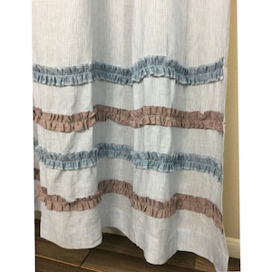Blue and White Ticking Stripe Shower Curtain with Chambray Surf Blue and Chambray Raspberry Ruffle Rows, 100% Linen, Custom Shower Curtains