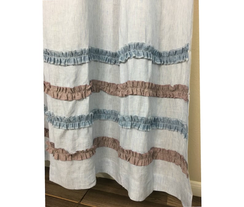 Blue And White Ticking Stripe Shower Curtain With Chambray Image 0