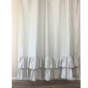 Stone Grey Linen Shower Curtain with Two Tiered Mermaid Ruffles, Light Grey Extra Long Wide Shower Curtain Custom Size