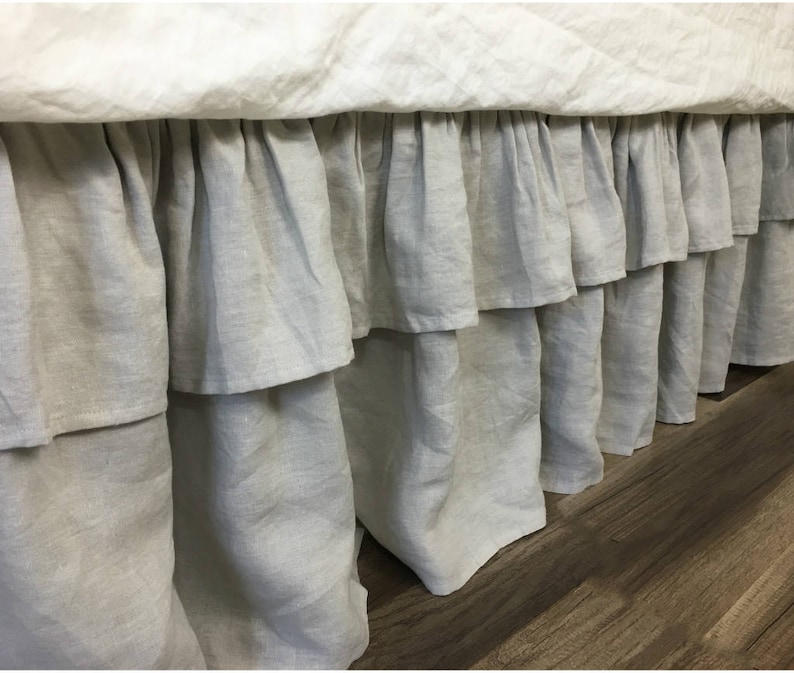 Stone Grey Bed Skirt With 2 Tiered Ruffles Natural Linen Dust Etsy
