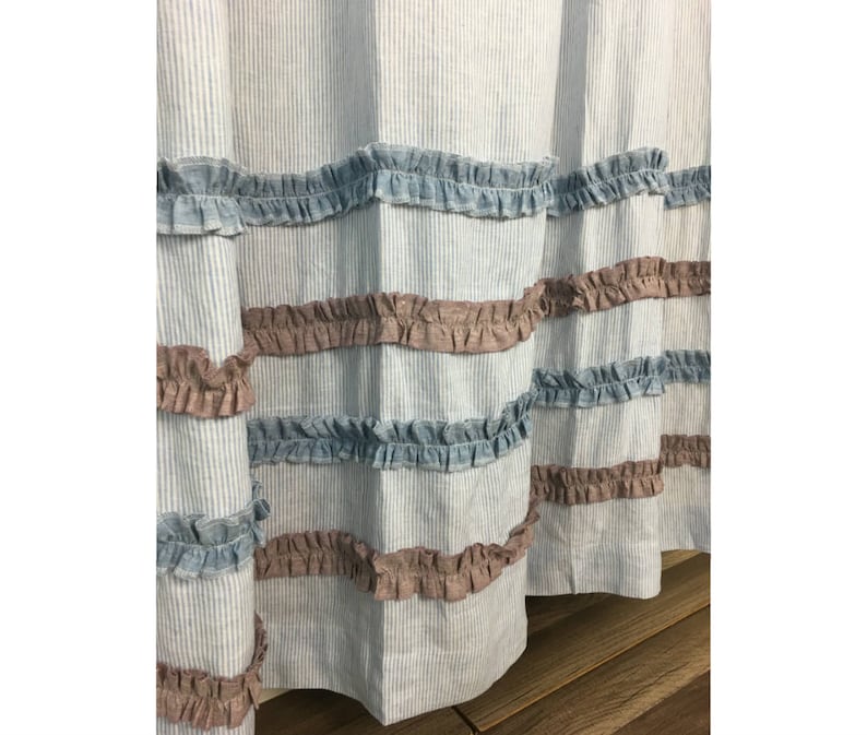 Blue and White Ticking Stripe Shower Curtain With Chambray Etsy