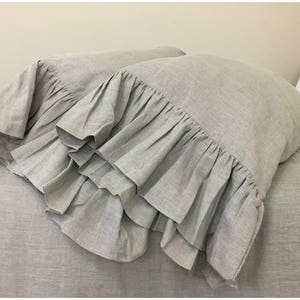 A pair of Dark Linen Pillow Covers feature mermaid long ruffles, inspired by French country style, Shabby Chic Pillow Cases