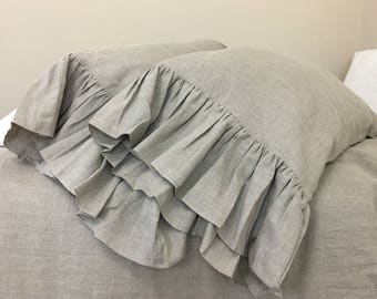 A pair of Dark Linen Pillow Covers feature mermaid long ruffles, inspired by French country style, Shabby Chic Pillow Cases