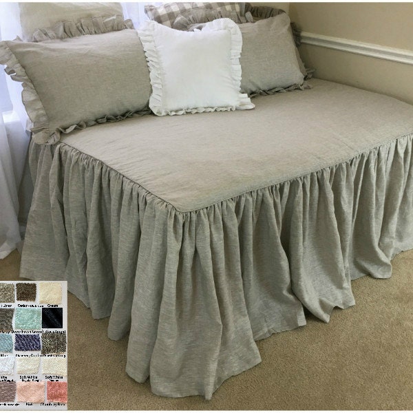 Day bed Cover Natural Linen, Daybed Bedding, Fitted Daybed Cover, Linen Bedding. Shabby Chic Bedding,Ruffle Bedding, Custom Size