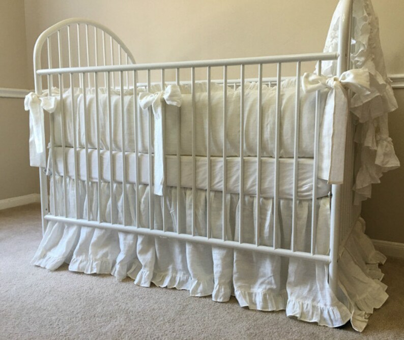 White Linen Crib Bedding Neutral Baby Bedding Set Ruffled Etsy