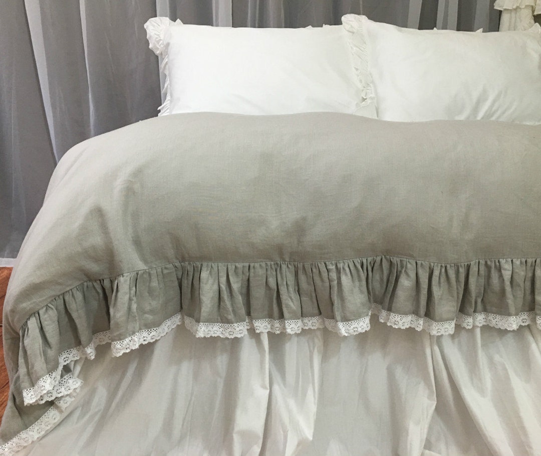 Alloy Grey 100% Linen Ruffle Hem Duvet Cover main image 1