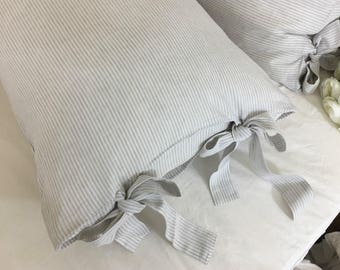 Gray and White Ticking Striped Sham with Bow Ties, All Sizes or Custom Size Sham