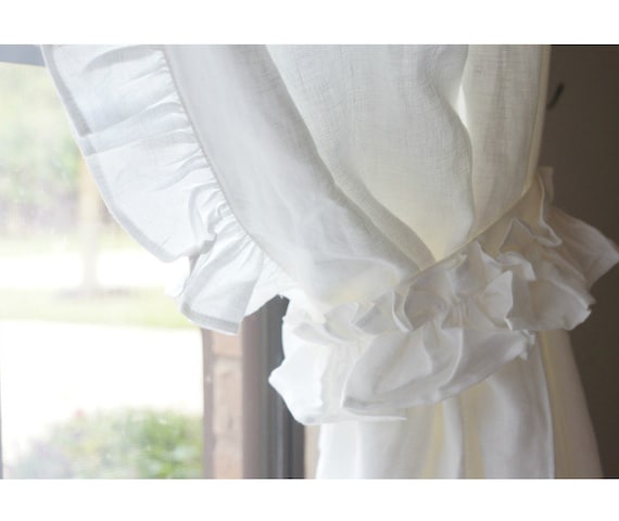 A pair of Linen curtains with ruffles on the leading edges, Nursery Curtains, fully lined, ruffle curtains, extra long curtains