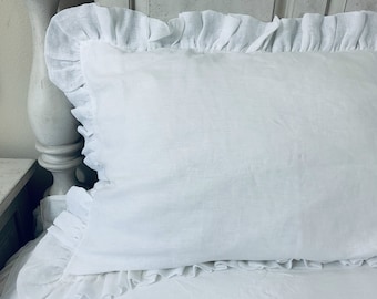 White Linen Ruffle Sham, Voile Linen Sheer Fairly Tale Ruffle Pillow Sham, All sizes, made to order.