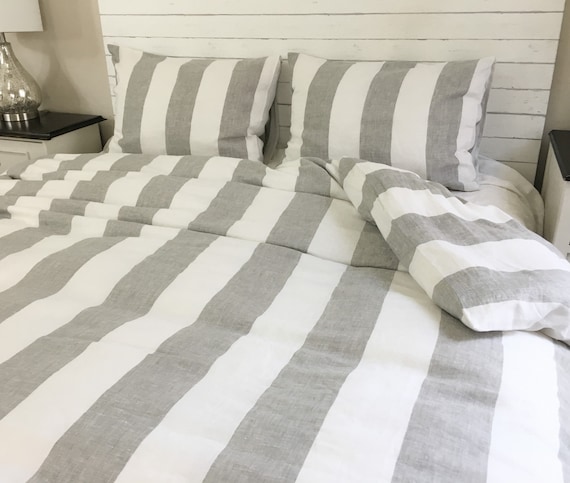 Grey And White Striped Linen Duvet Cover Yarn Dyed Striped Linen Weaved In Wide Linen Stripe Custom Made