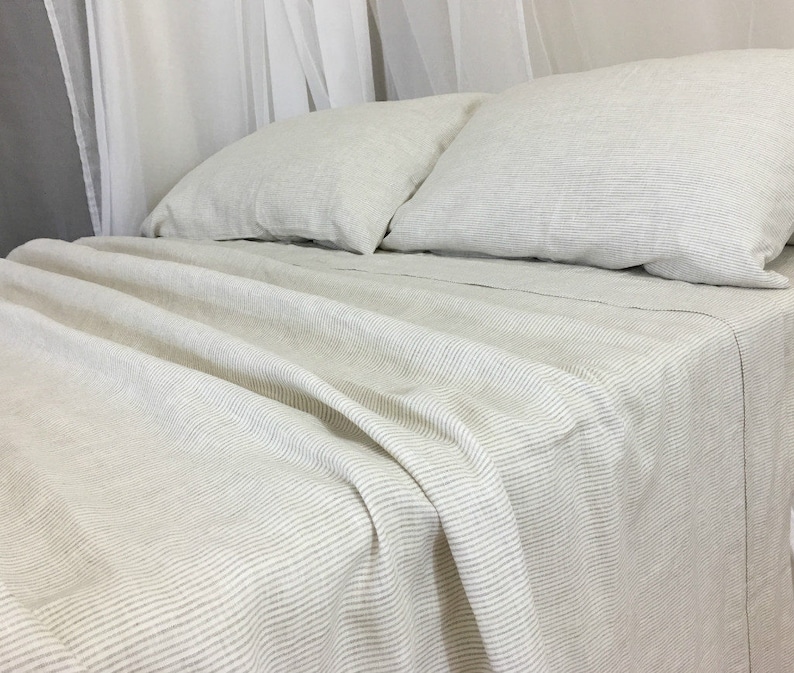 Linen Ticking Striped Bed Sheets Handmade In Natural Image 0