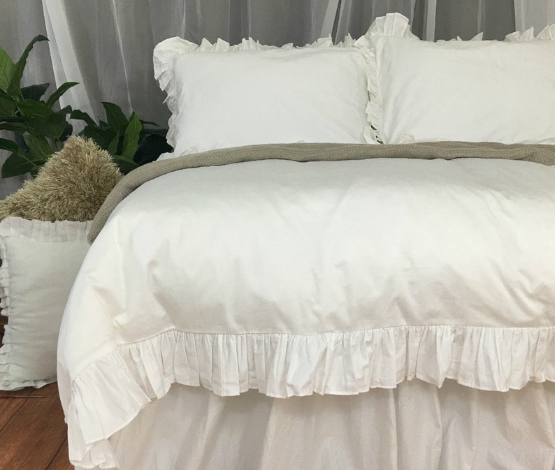 White Ruffle Duvet Cover Custom Made From Long Staple Pima Cotton Available In Twin Full Queen King Calif Or Size