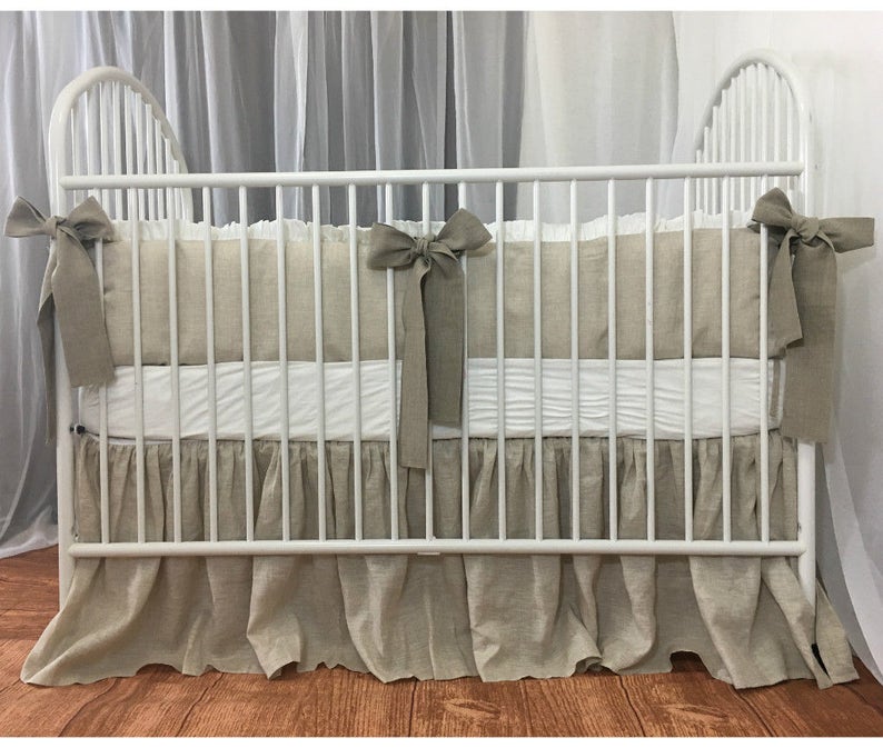 Crib Bedding Set Linen Bumper trimmed with white ruffles and Etsy