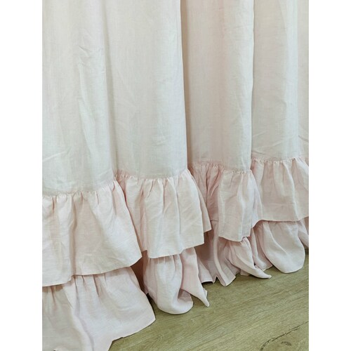 Blush Pink Linen Shower Curtain With Two Tiered Ruffles Etsy