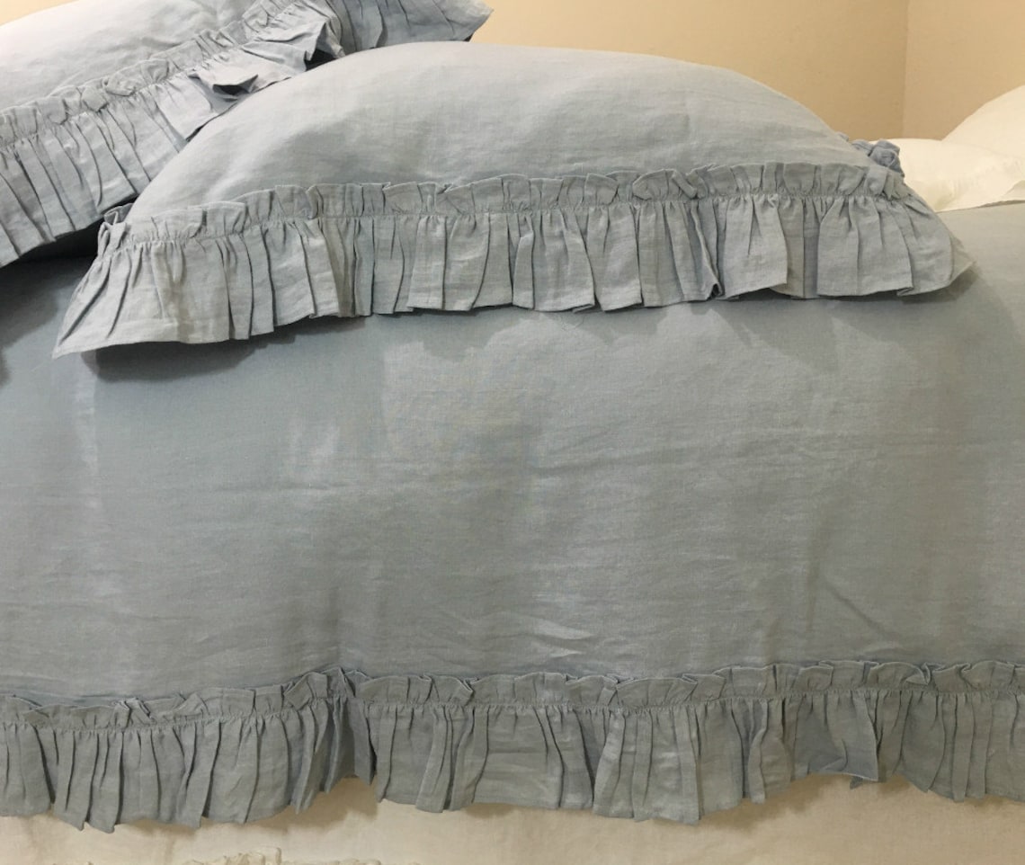 Duck Egg Blue ruffled duvet cover handmade with vintage ruffle Etsy