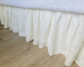 Soft white chevron linen Bed Skirt, gathered ruffle, chevron weave linen