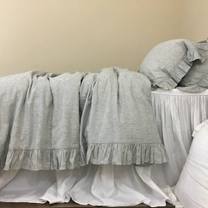 Sale, Subtle Black and White ticking stripe Ruffle linen duvet cover features easy flow ruffles, King 3pc Set