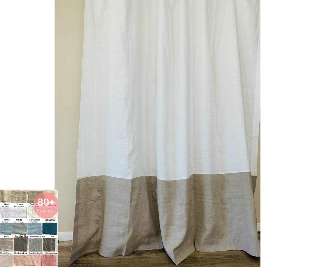 Natural Linen Color Block Shower Curtain Mildewfree, Custom Shower