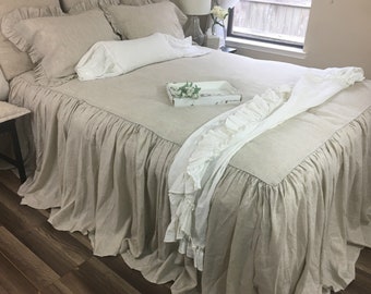 Natural Linen bedspread, bed cover, queen bedspread, king bedspread, linen bedspread,  ruffle bedding, shabby chic bedding