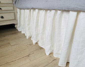 Belgian Linen Oyster White Bed Skirt with Gathered Ruffle, Duck Canvas Weight Linen, 15-24" drop Length, Farmhouse Bed Skirt