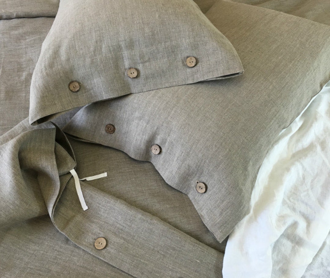 Dark Linen Duvet Cover With Wood Button Closure Medium Weight Linen