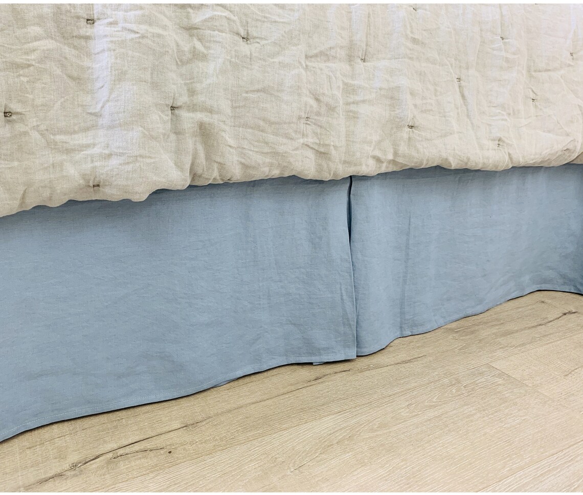 Dusty Blue Linen Bed Skirt Tailored Pleats Etsy