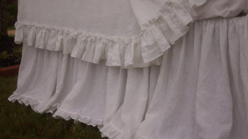 Linen dust ruffle with mini ruffles, linen bedskirt, bed skirts, vintage ruffles, shabby chic bedding, linen bed skirt, queen bed skirt image 1