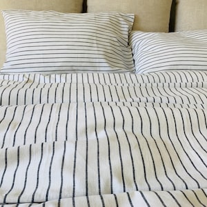 Ebony White Striped Linen Duvet Cover, Custom Size Duvet Cover, Classic black slate and white stripe Linen Bedding