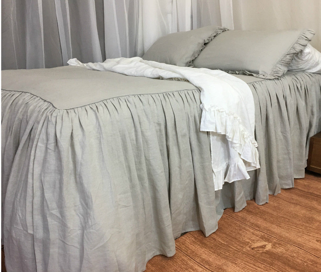 Stone Grey Bedspread with Gathered Ruffle Ruffled Bed Cover | Etsy