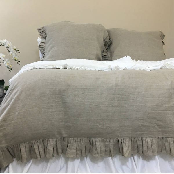 Dark Linen duvet cover features easy flow ruffles, Medium Weight linen, shabby chic bedding, linen bedding, Custom Bedding