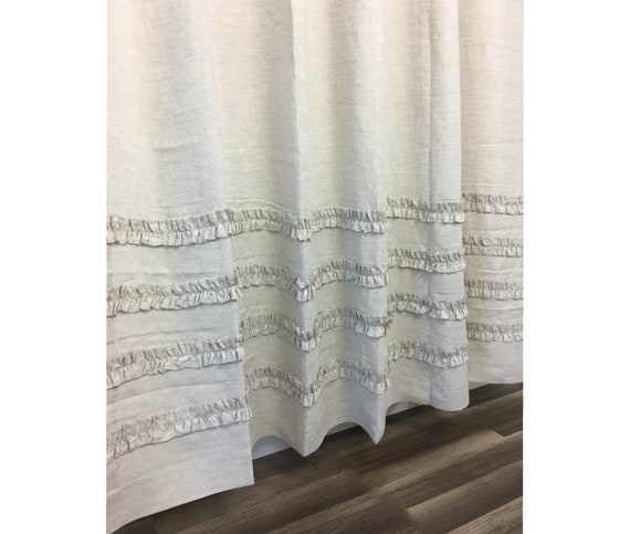 Natural Linen Shower Curtain With 4 Rows Of Ruffles Undyed Farmhouse Style 72x72 72x85 72x94 Or Custom Size